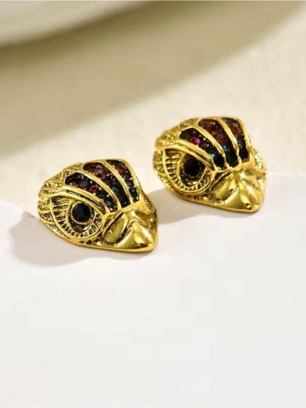 Gold Shell Stud Earrings with Multicolor Glitter - Picture 4 of 7